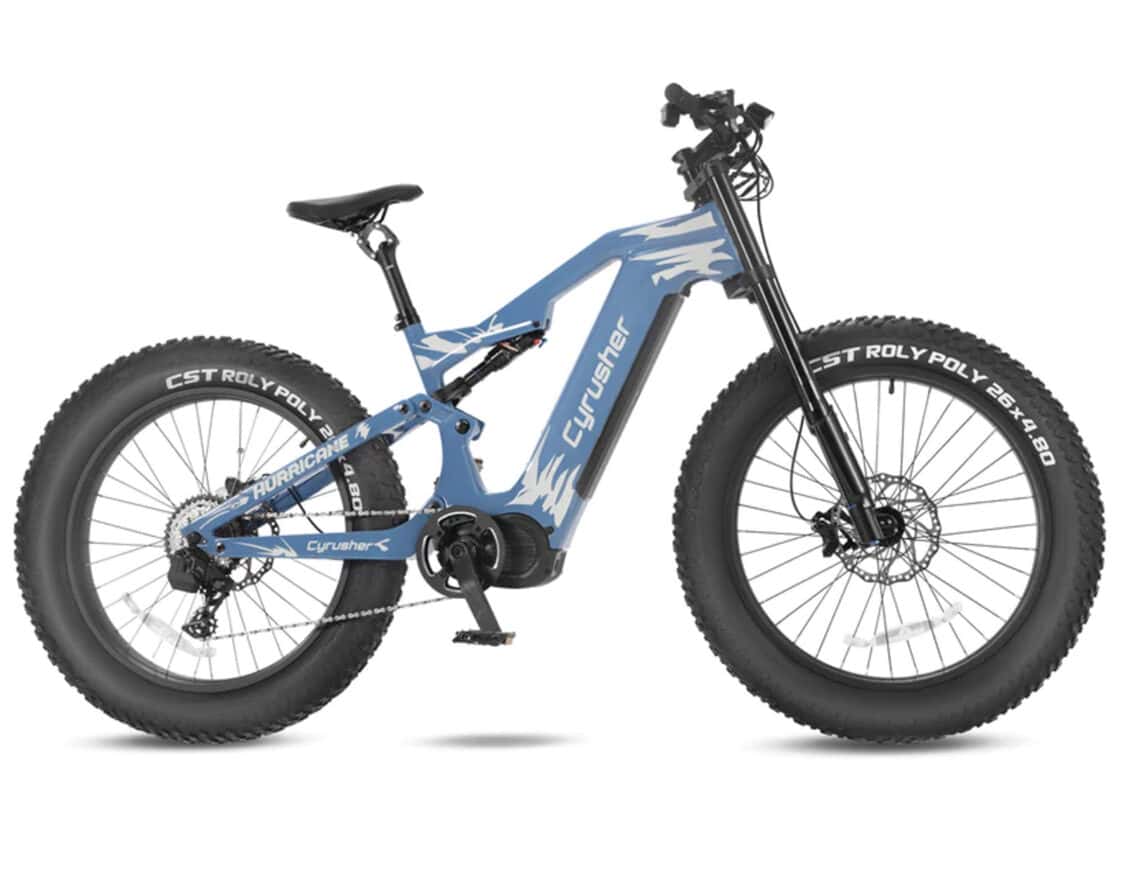 Image showcasing Cyrusher Hurricane Blue 1000W Carbon Fiber Mid Drive E-bike side profile