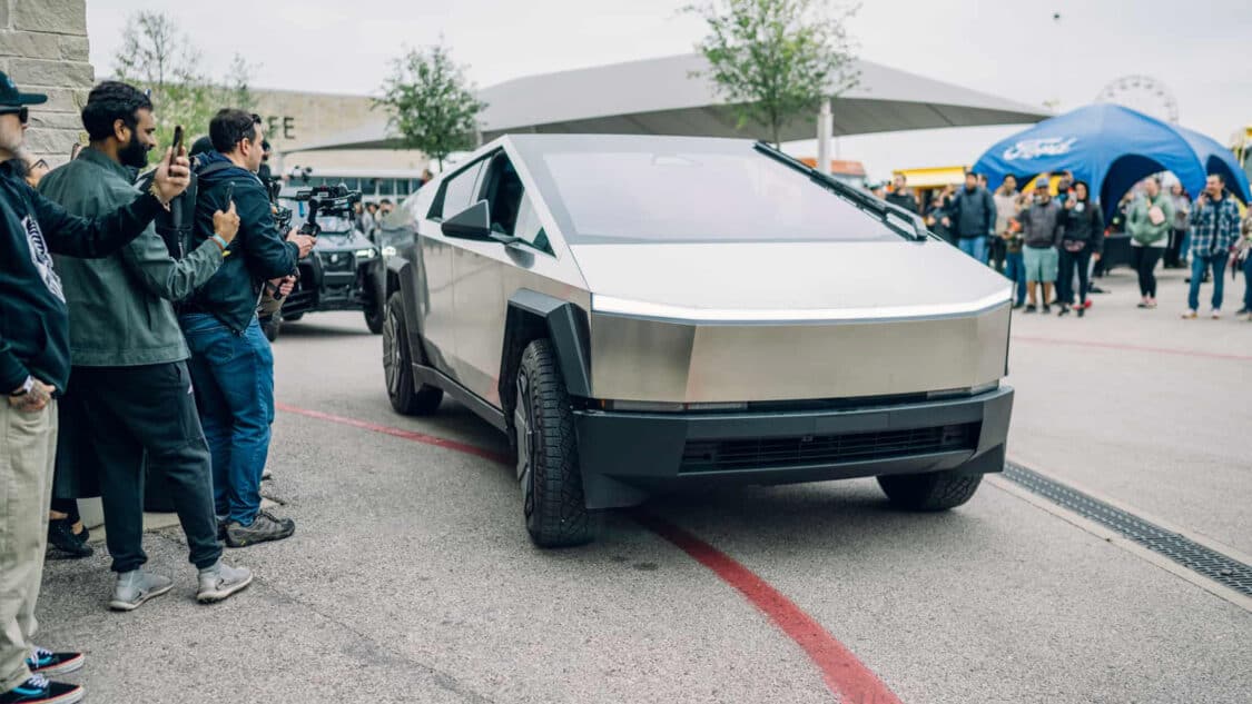 Image showcasing Tesla Cybertruck surprise visit at Electrify Expo in Austin, Texas 2023
