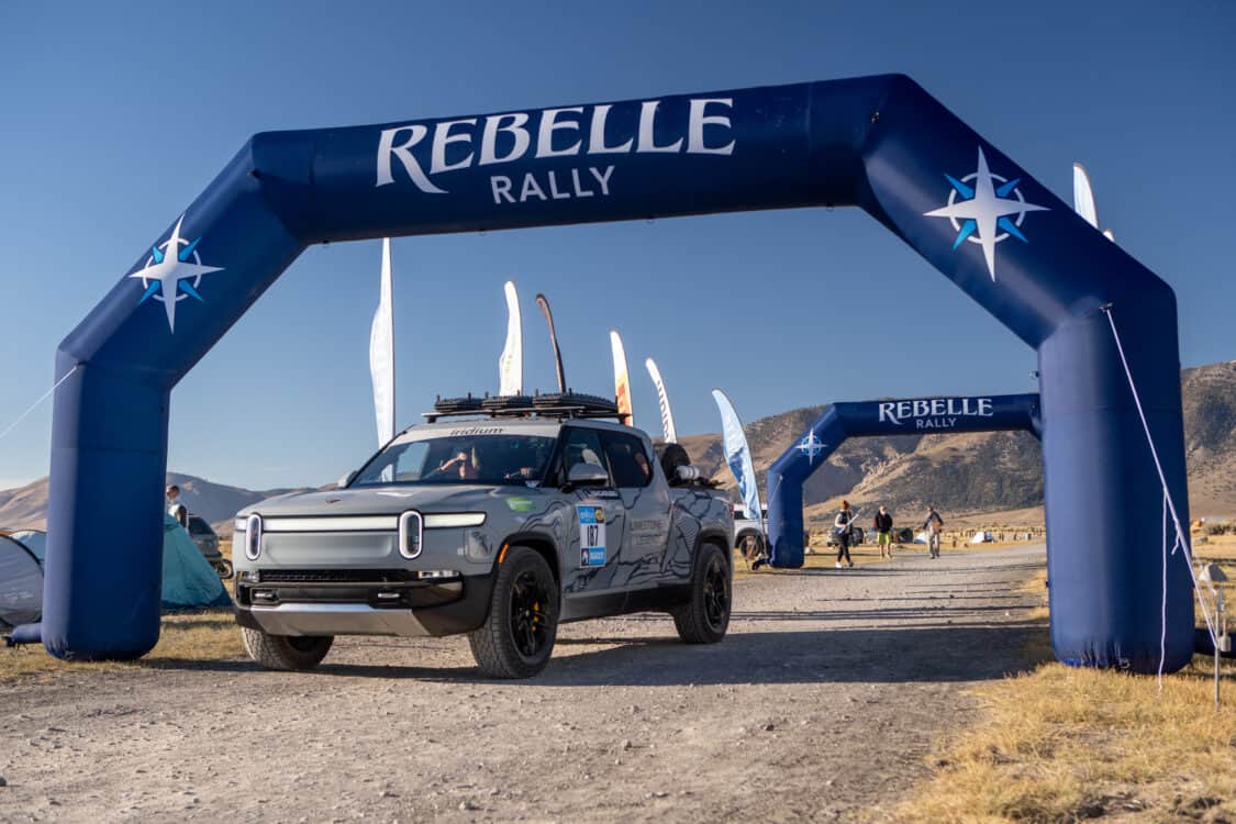 Image showcasing Alex Anderso and Lilly Macaruso in a Rivan R1T at Rabelle Rally