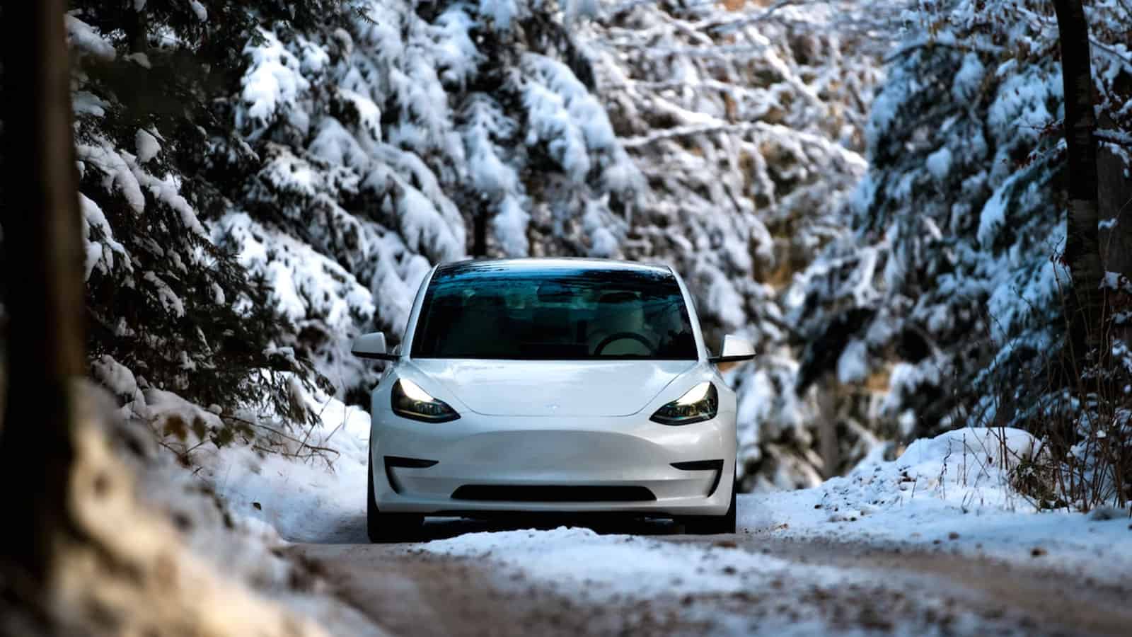 Tesla EV driving on tree lined winter road