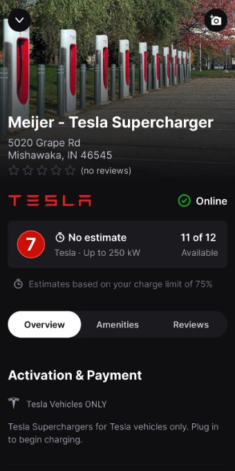 Screenshot of Chargeway App showcasing Tesla Supercharger at Meijer Mishawaka Indiana