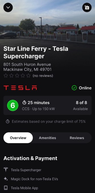 Screenshot of Chargeway App showcasing Tesla Supercharger Star Line Ferry Mackinaw City Michigan