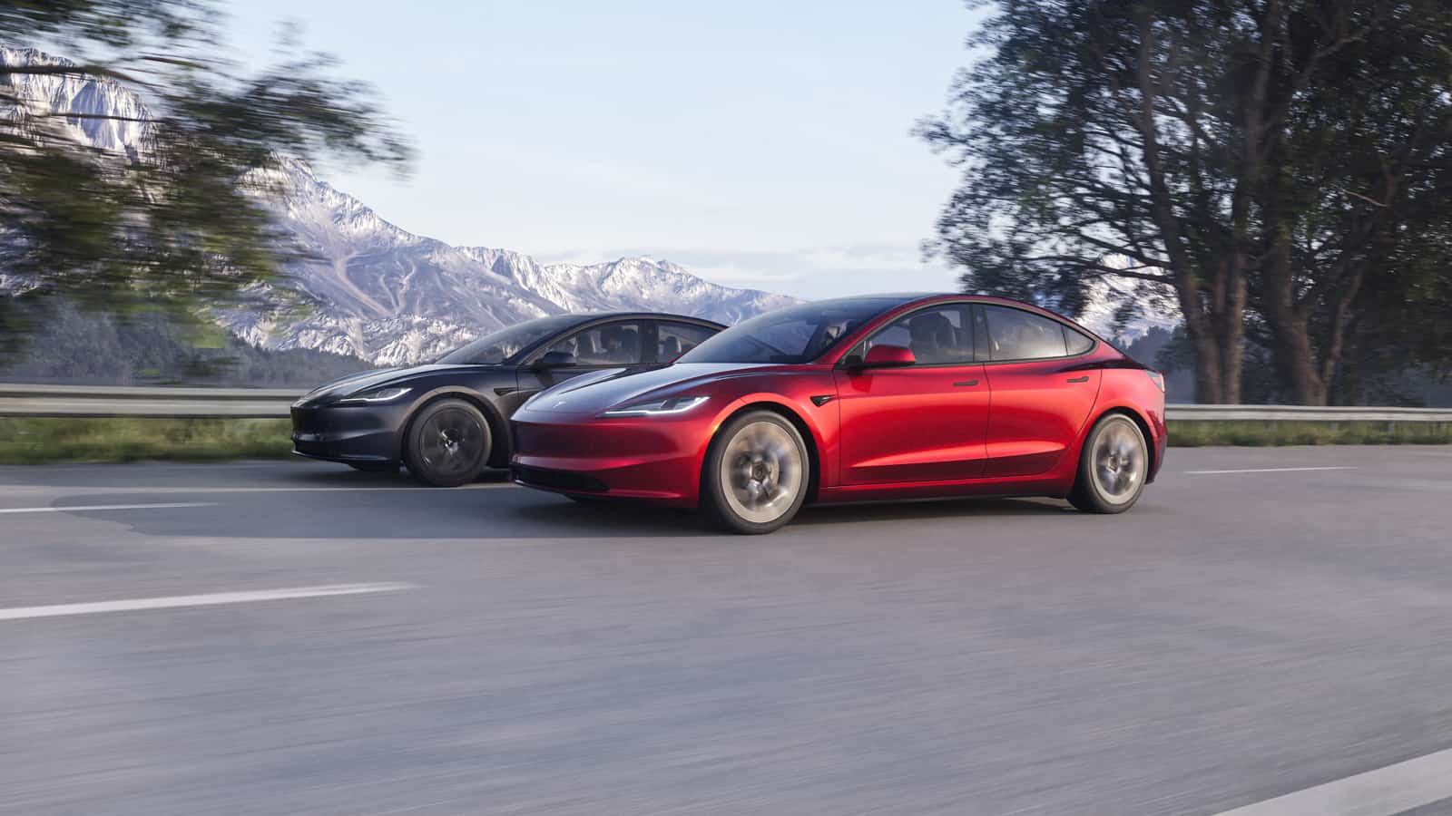 Image showcasing Tesla Model 3 Highland 2024 in Stealth Grey and Ultra Red