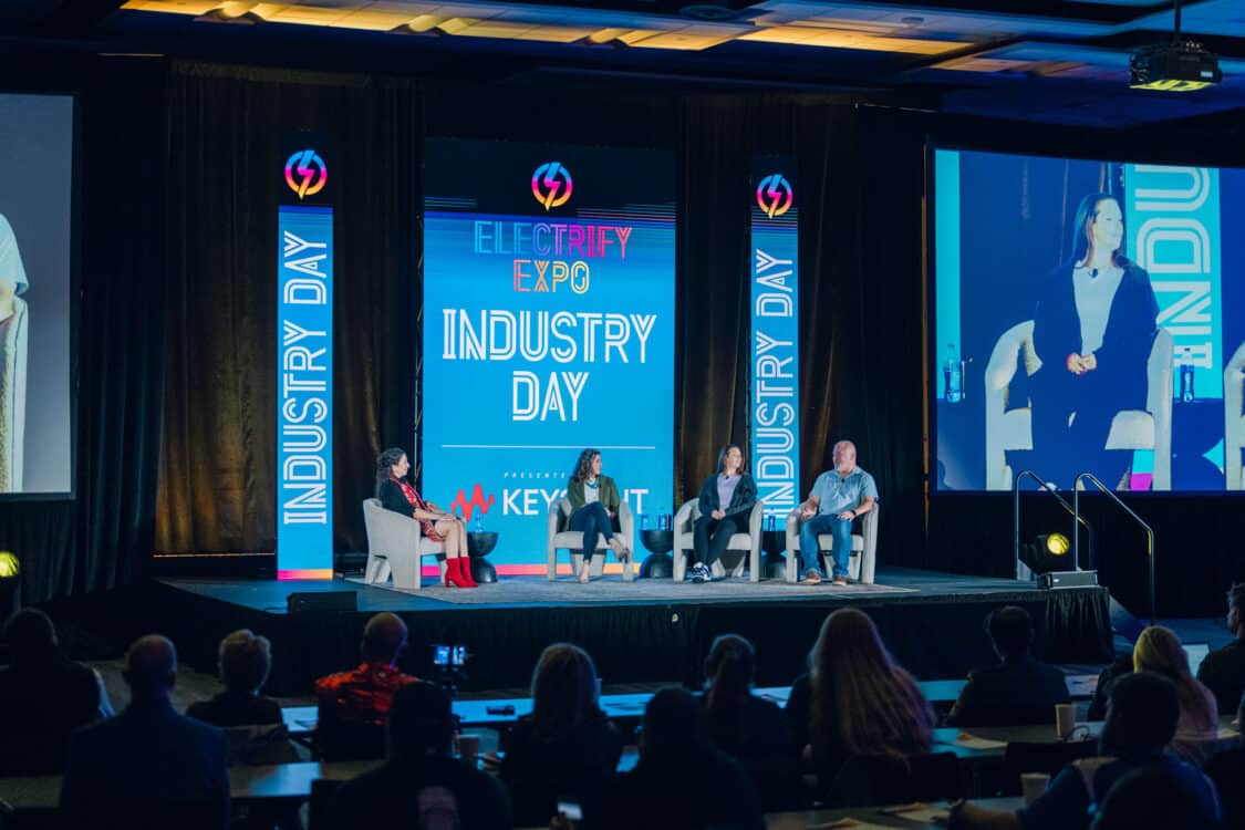 Image showcasing Writing the Future with Ford Customers panel discussion at at Electrify Expo Industry Day Austin Texas 2023 - Kristin Shaw, Jennifer Brace, Erica and Matt
