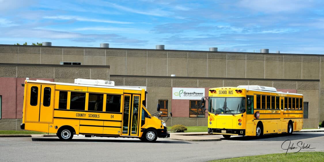 Image showcasing GreenPower’s Type A Nano BEAST and Type D BEAST electric, purpose-built, zero-emission school buses at the company’s South Charleston, West Virginia manufacturing facility.