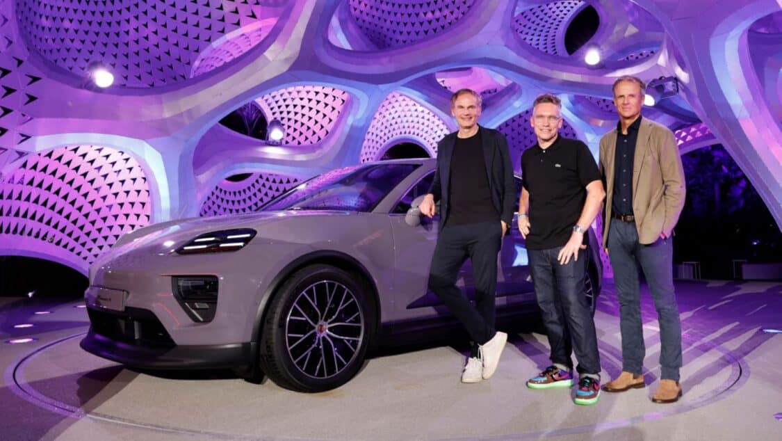 Image showcasing Oliver Blume, Marc Fornes, Michael Mauer with the 2024 Porsche Macan EV