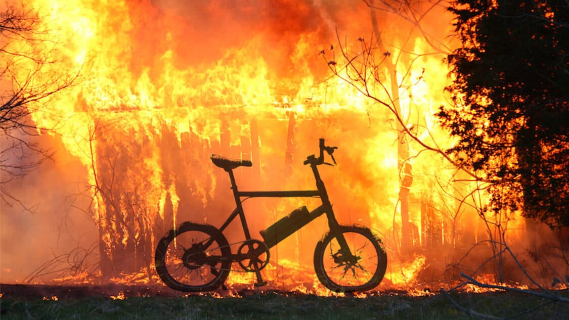 Image of a bike and shed on fire. The EBIKE Act focuses on safety surrounding ebike battery fires.