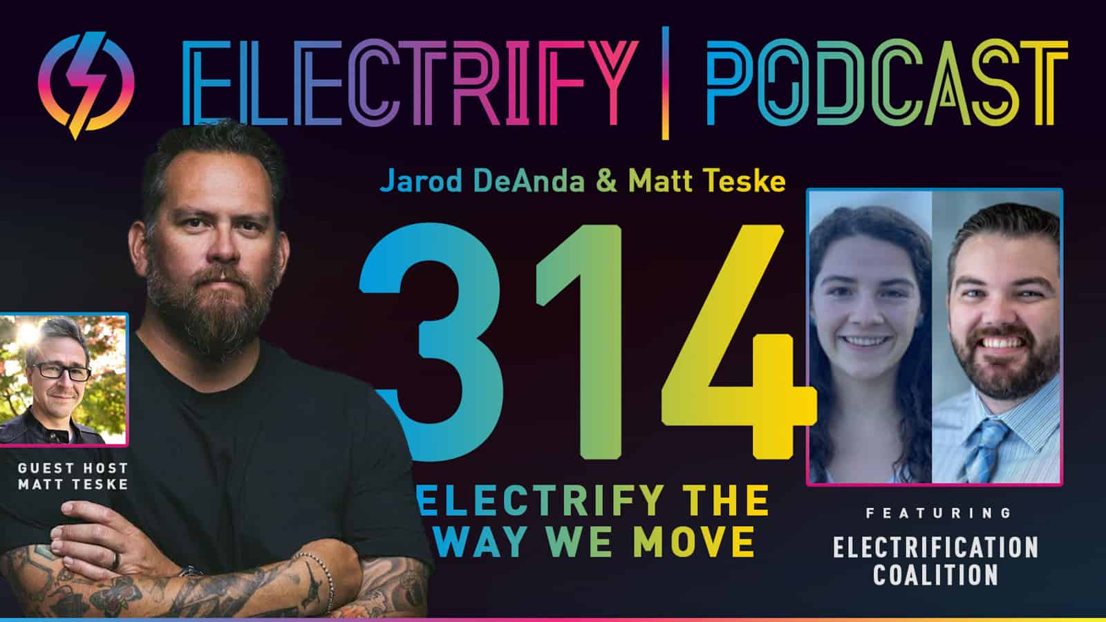 Image showcasing Electrify Podcast episode 314 with hosts Jarod DeAnda and Matt Teske with guests Emily Pape and Torin Spencer from the Electrification Coalition, titled Electrify The Way We Move