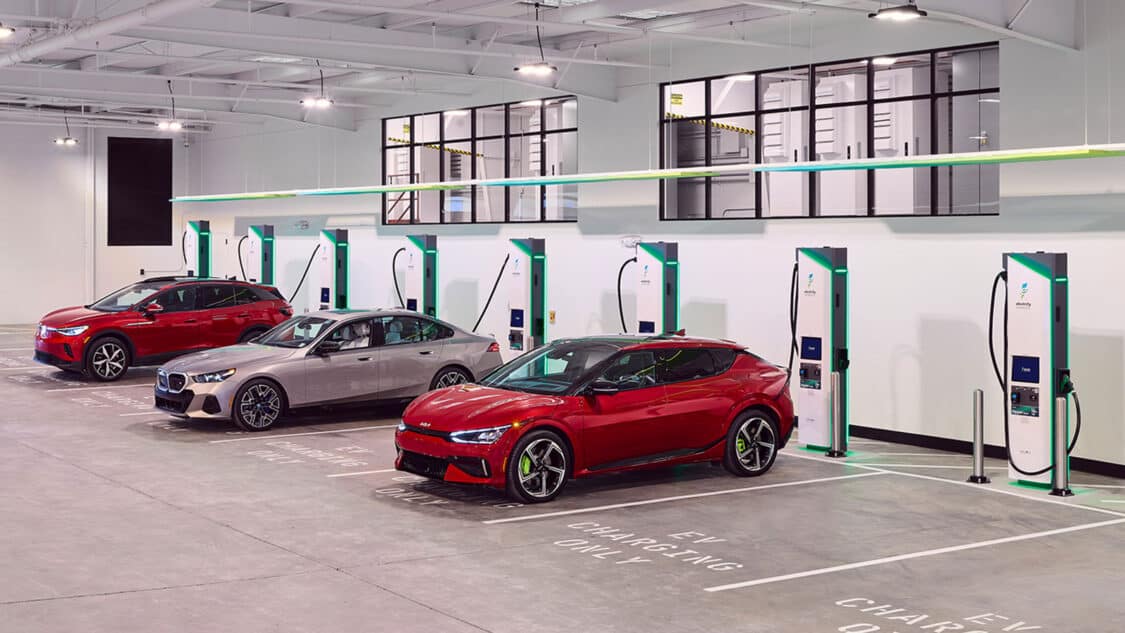 Cars parked and charging at Electrify America Indoor Charging Station