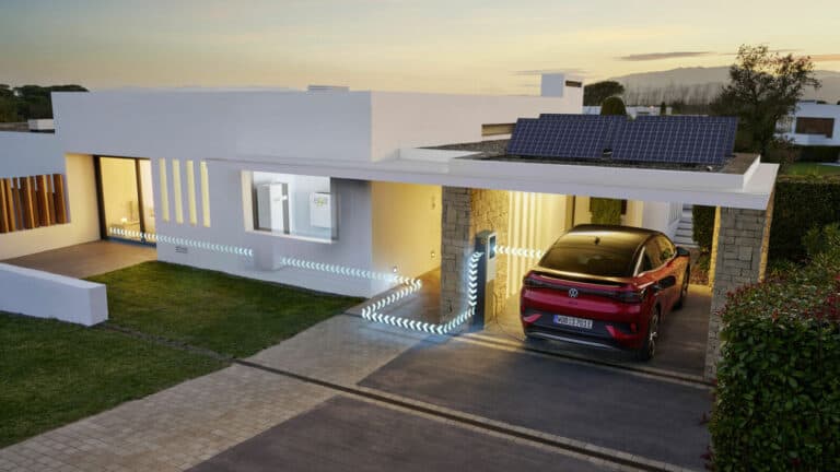 vw id.4 charging inside of a covered parking space at home, showing bidirectional charging