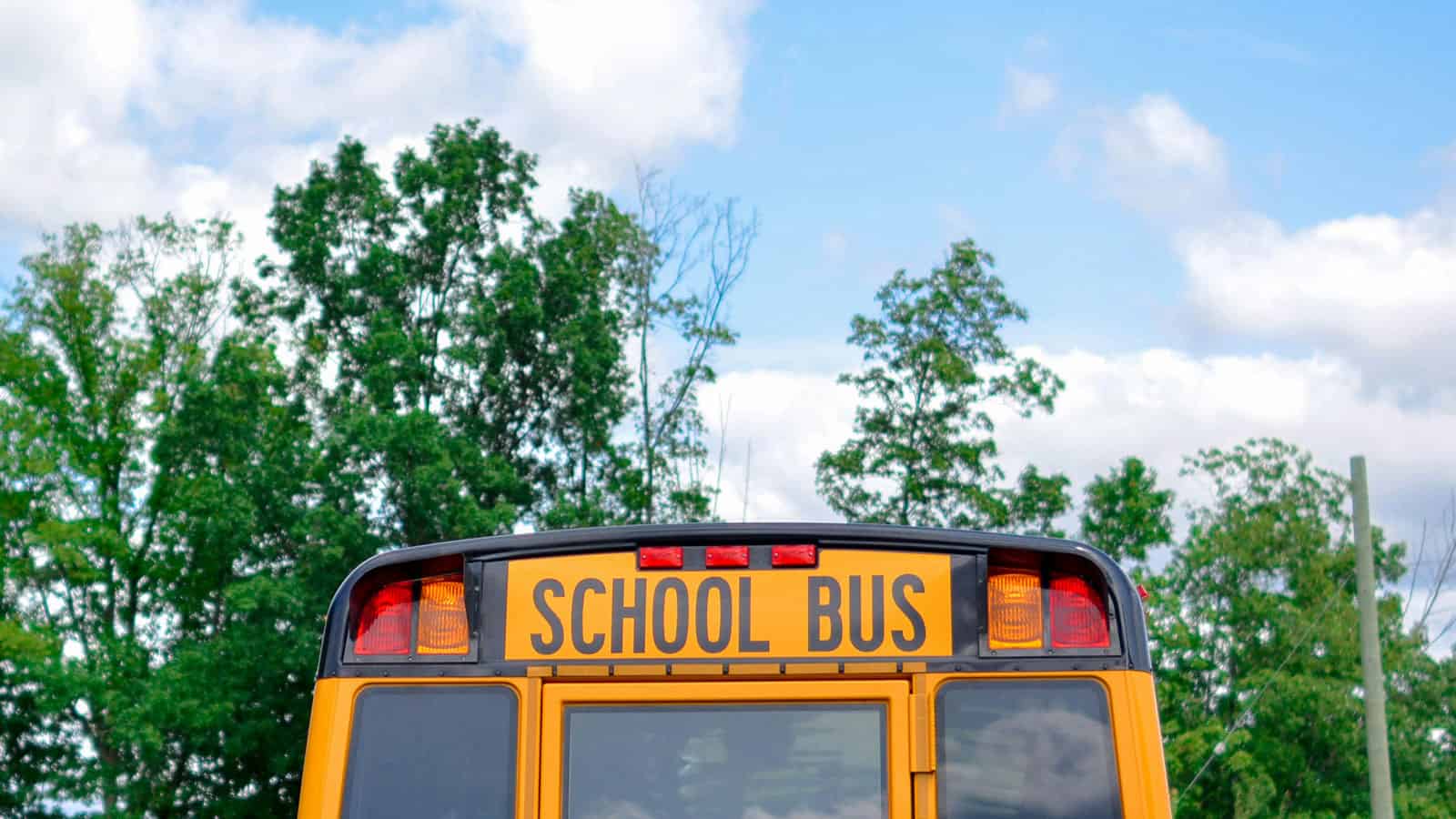 Image of a school bus sign on the back of an electric bus clipped high and showing the sky