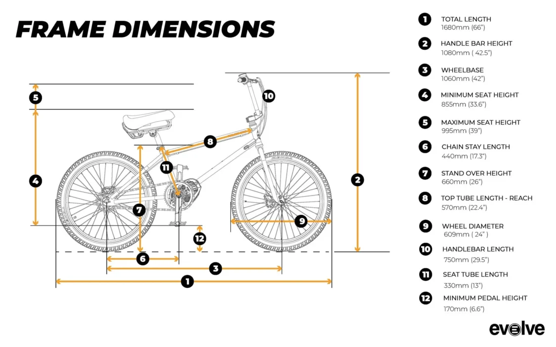 Image showcasing frame dimensions of the Evolve Skateboards Electric BMX Bike - Project BMX