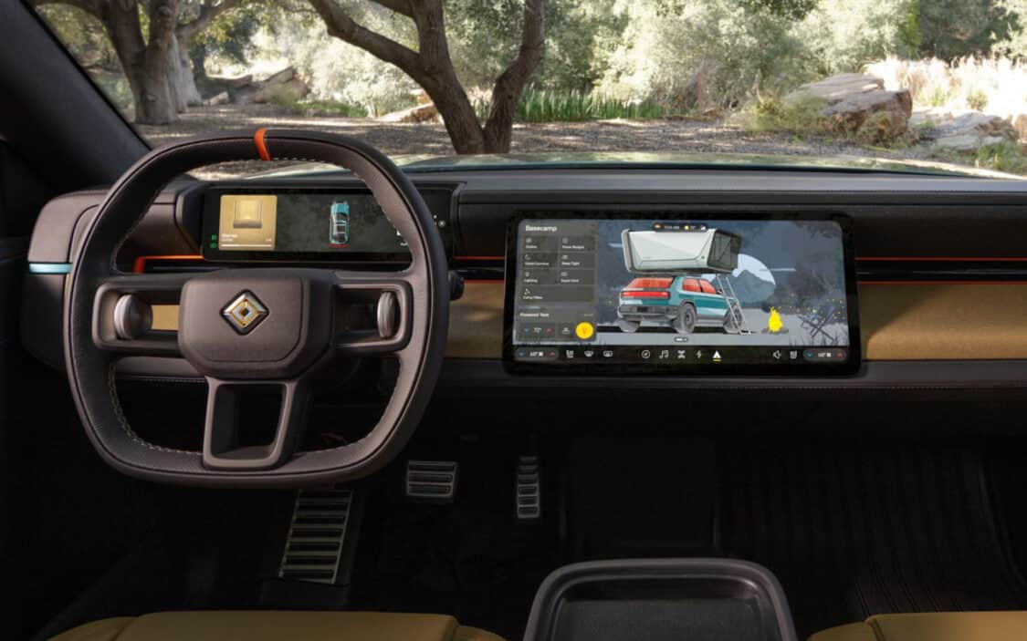 Rivian R3X interior - steering wheel and lcd infotainment