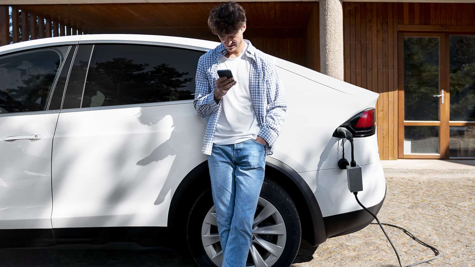 man using bluedot phone app while standing next to car charging