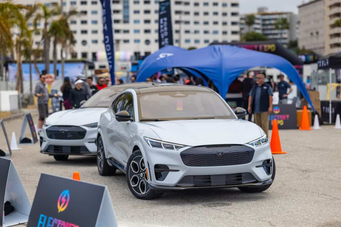 Image showcasing Ford Mustang Mach-e demo and test drives at Electrify Expo. Ford will be speaking at Amazon Recharge Zone in 2024