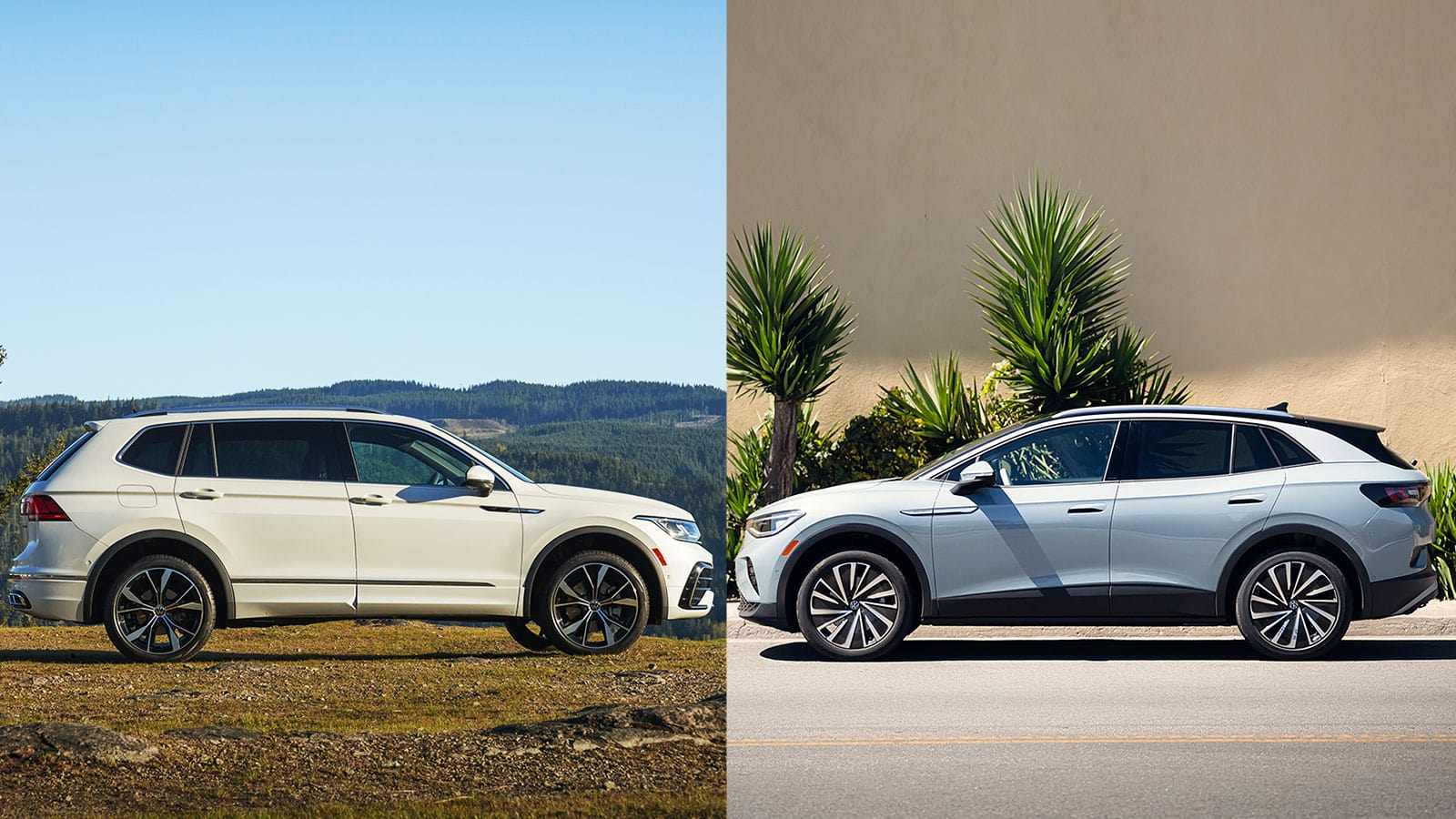 Tiguan on left, ID.4 on right, facing each other, true cost to own