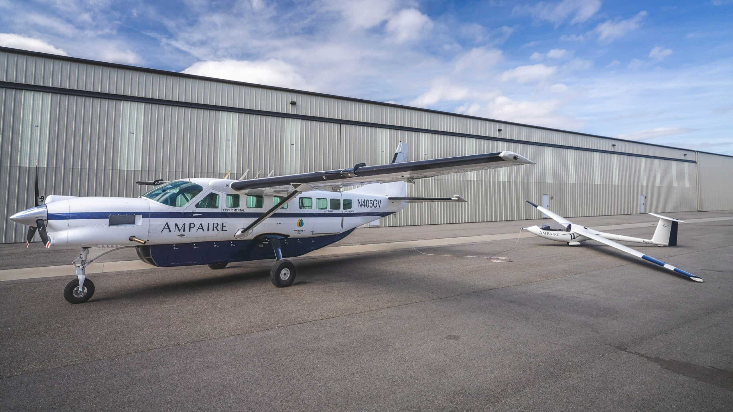 Ampaire Eco Caravan in Camarillo, CA. The Magpie approach works by towing an electric airplane through the sky with a high-performance electrified tow aircraft.