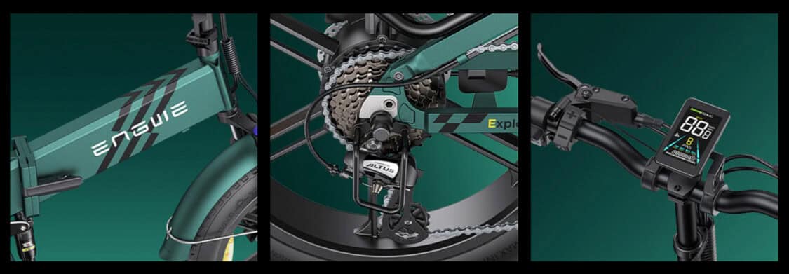 Engwe Engine Pro 2.0 Electric Folding Bike features - foldable frame, Shimano 8-speeds, LED display