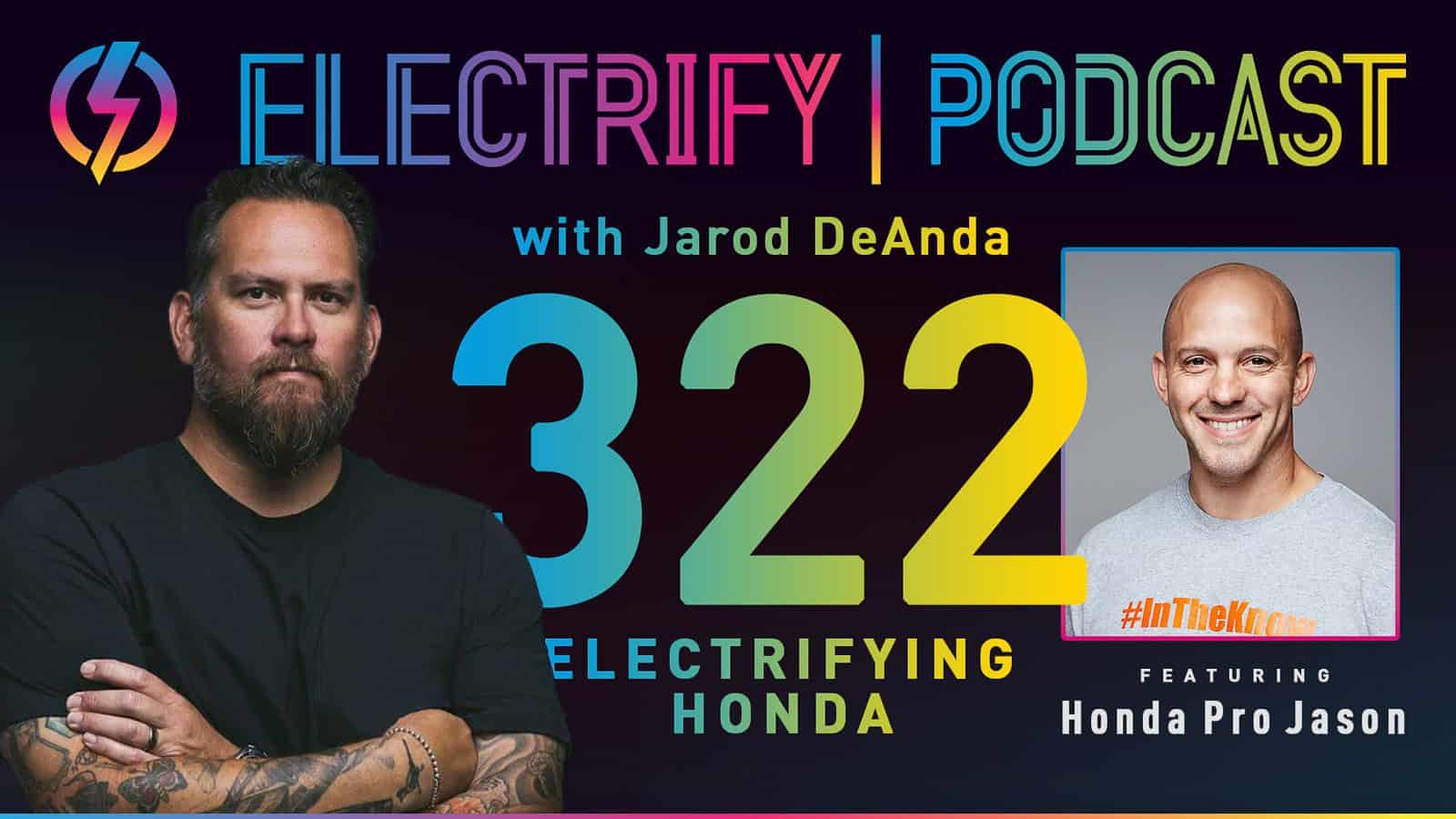 Promotional image for Electrify Podcast Episode 322 with host Jarod DeAnda and guest Honda Pro Jason, titled Electrifying Honda