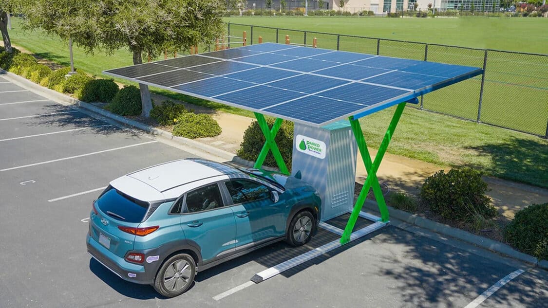 Aerial view of PairTree Solar Panel for ev charging station, with car parked and charging.