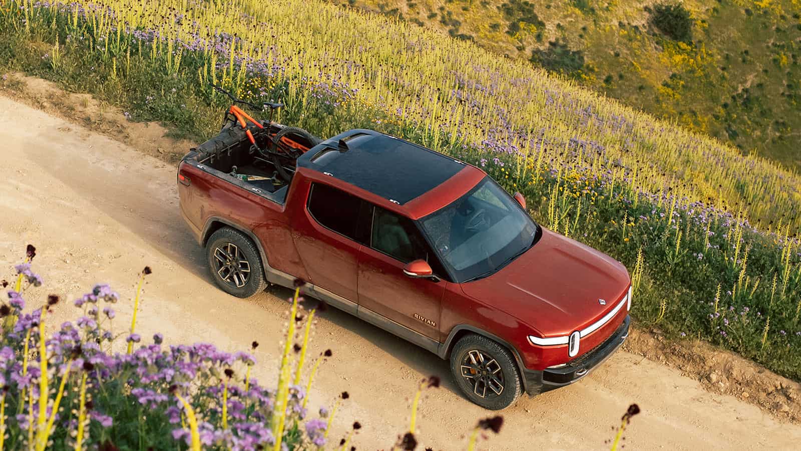 Rivian R1T on dirt road with wildflowers
