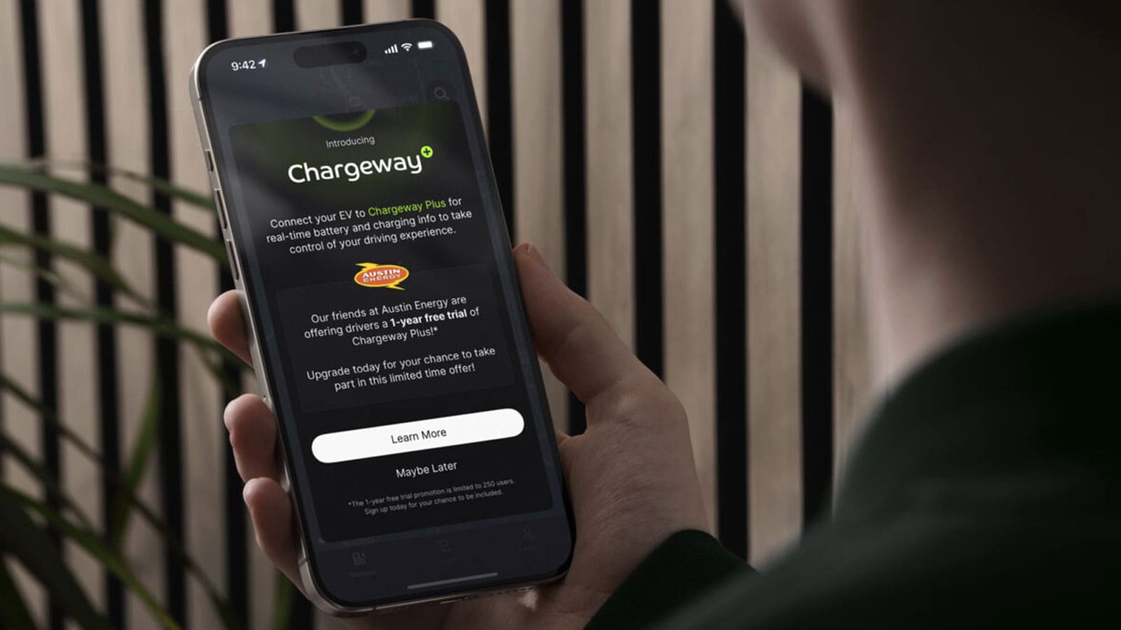 Chargeway Plus app displayed on phone while being held