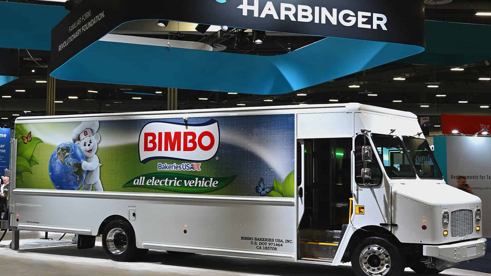 Harbinger electric truck Bimbo bakeries, parked inside of auto show