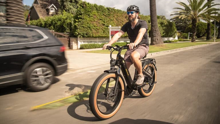 electric bike with rider on road lined with palm trees, green transportation