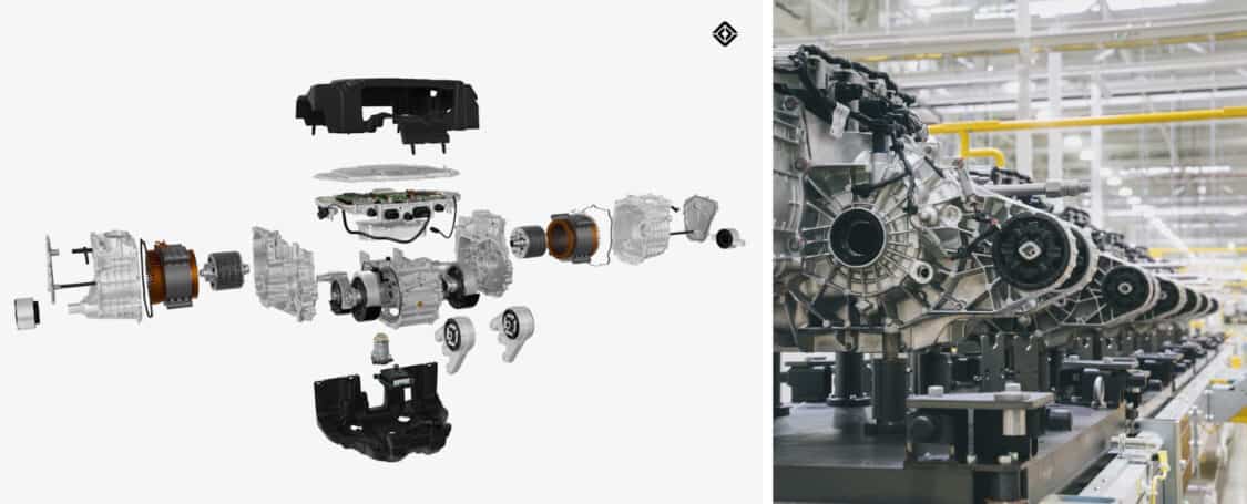 The in-house developed rear drive unit used in Rivian electric Quad Motor and Tri Motor systems.