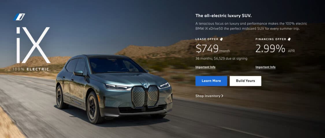 2024 BMW iX all-electric SUV at 2.99% APR Financing - Summer Sales Event