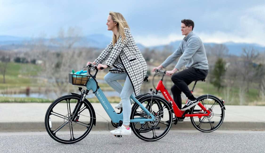 BikaBahn blue and red step-thru electric bikes