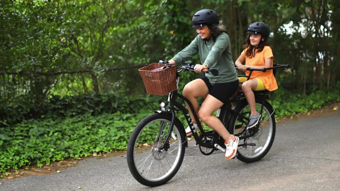 Flyer Cruiser Step-Thru 2.0 Electric Bike in Black with mom and kid