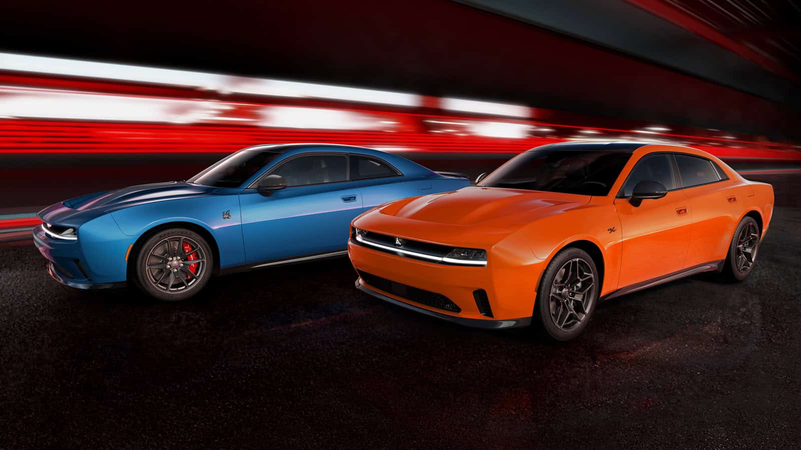 All-new 2024 Dodge Charger Daytona Scat Pack in Bludicrous and Dodge Charger Daytona R/T in Peel Out.