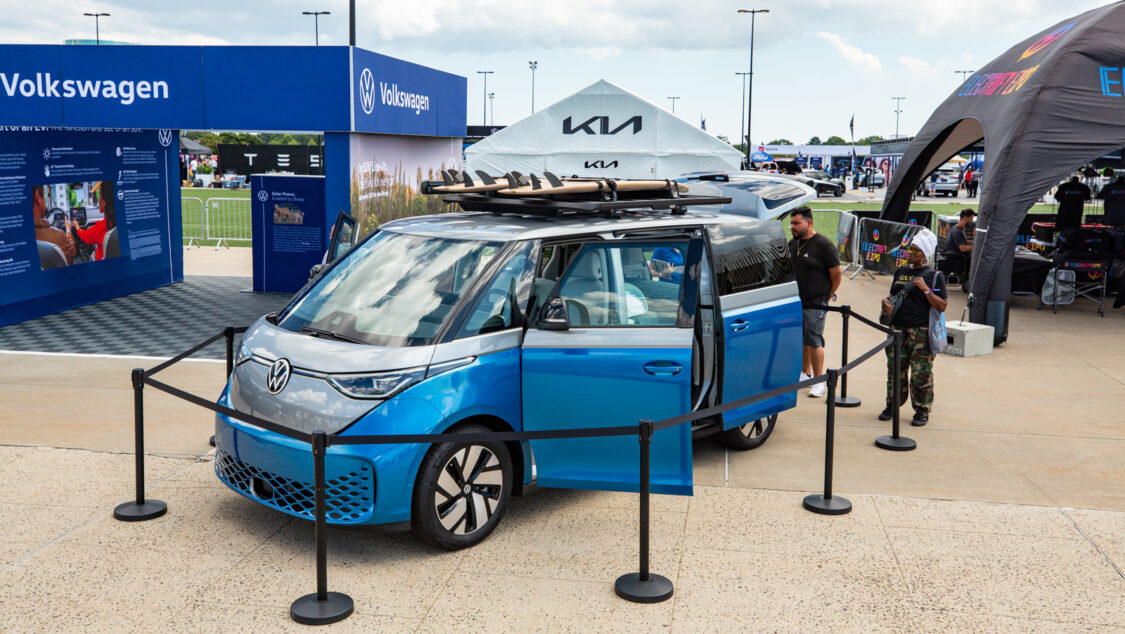 VW ID. Buzz electric microbus minivan displayed at Electrify Expo