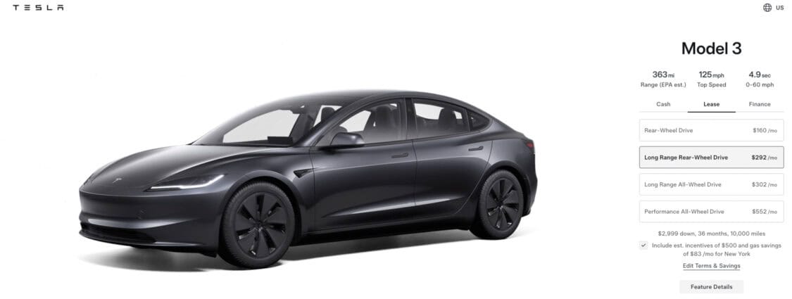 2024 Tesla Model 3 Long Range Rear-Wheel Drive 292 per month lease deal