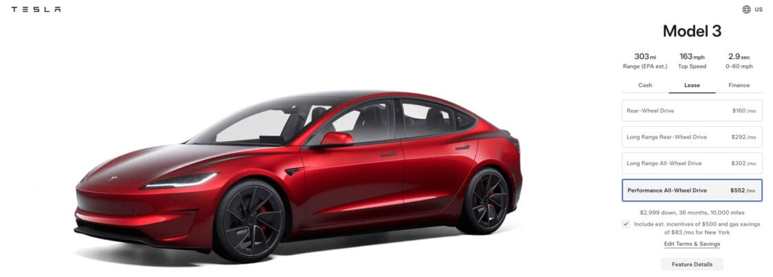 2024 Tesla Model 3 Performance All-Wheel Drive 552 per month lease deal