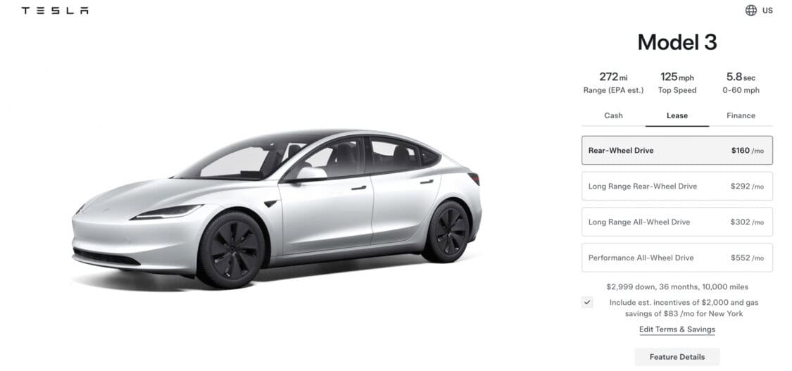 2024 Tesla Model 3 Rear-Wheel Drive 160 per month lease deal