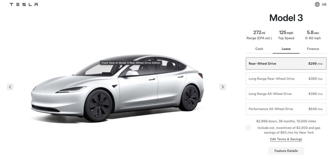 2024 Tesla Model 3 Rear-Wheel Drive 299 per month lease deal