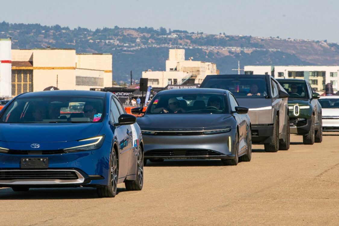 Electrify Expo San Francisco test ride demo Toyota Prius Prime, Lucid Air, Tesla Cybertruck, Rivian R1T