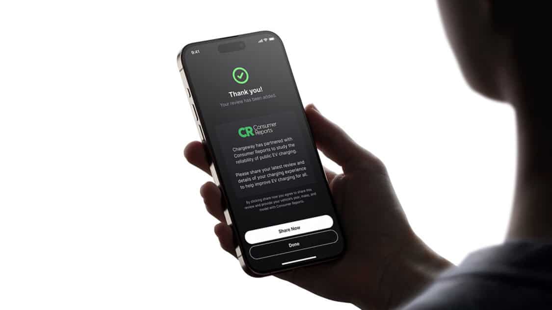 Chargeway EV charging app partners with Consumer Reports for a better charging experience at a charging station.