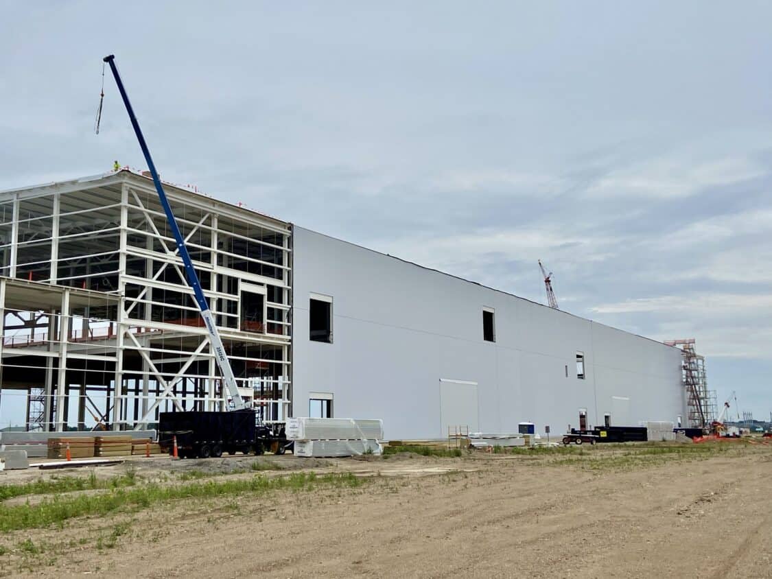 This image shows siding on the south side of the cell plant of BlueOval Battery Park Michigan in late June 2024. Courtesy Walbridge.