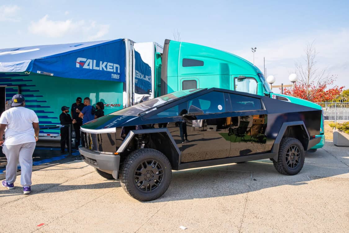 Wrapped Tesla Cybertruck at Falken Tires booth at Electrify Showoff NY