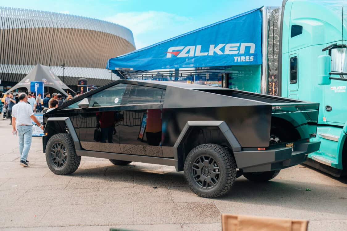 Gloss black Tesla Cybertruck displayed in the Falken Tires booth at Electrify Showoff NY