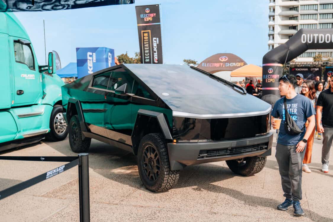 Gloss black Tesla Cybertruck displayed in the Falken Tires booth at Electrify Showoff NY