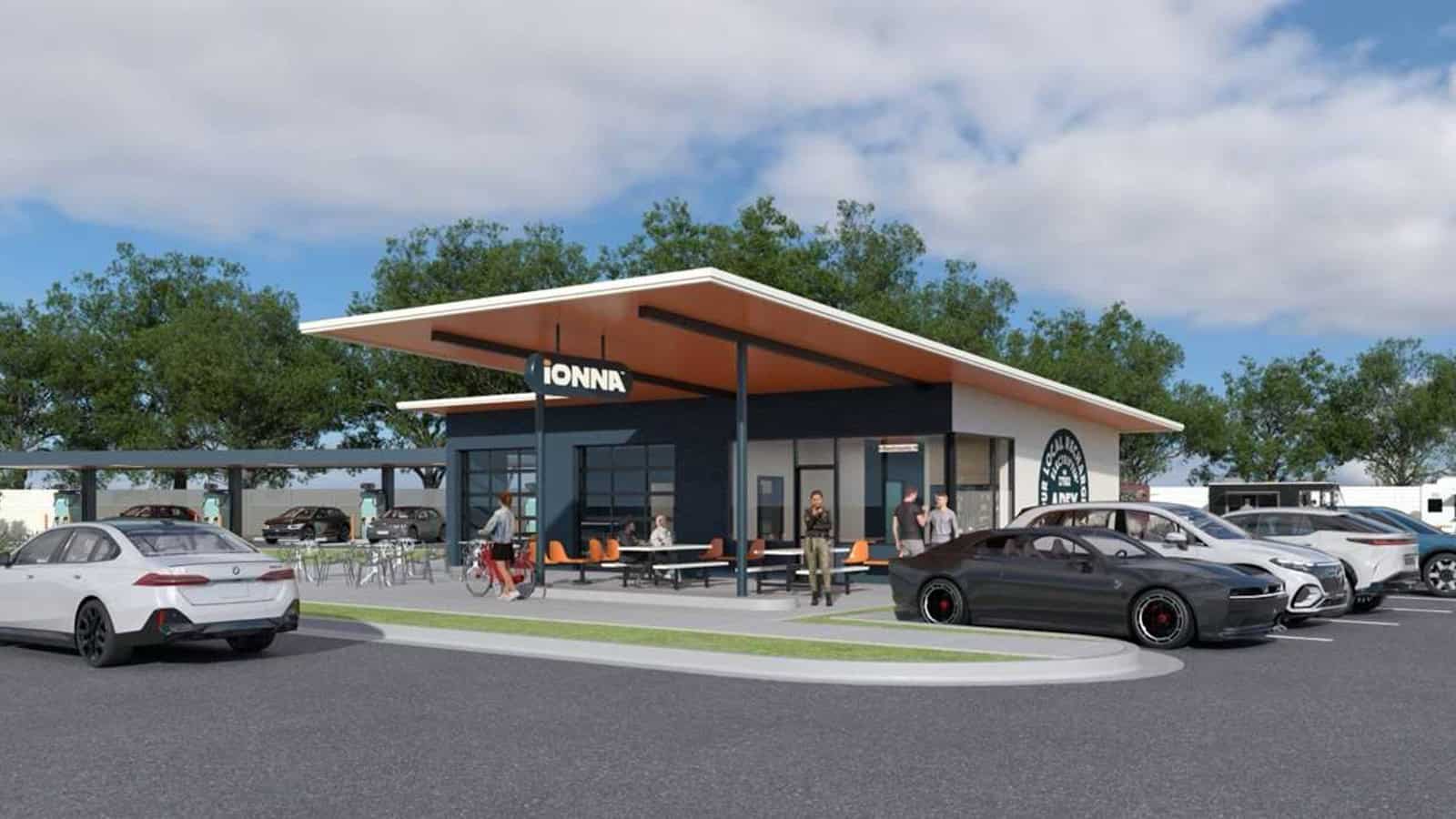 IONNA is opening its first Rechargery in Apex NC, with fast EV chargers and extra amenities like a lounge and outdoor spaces.