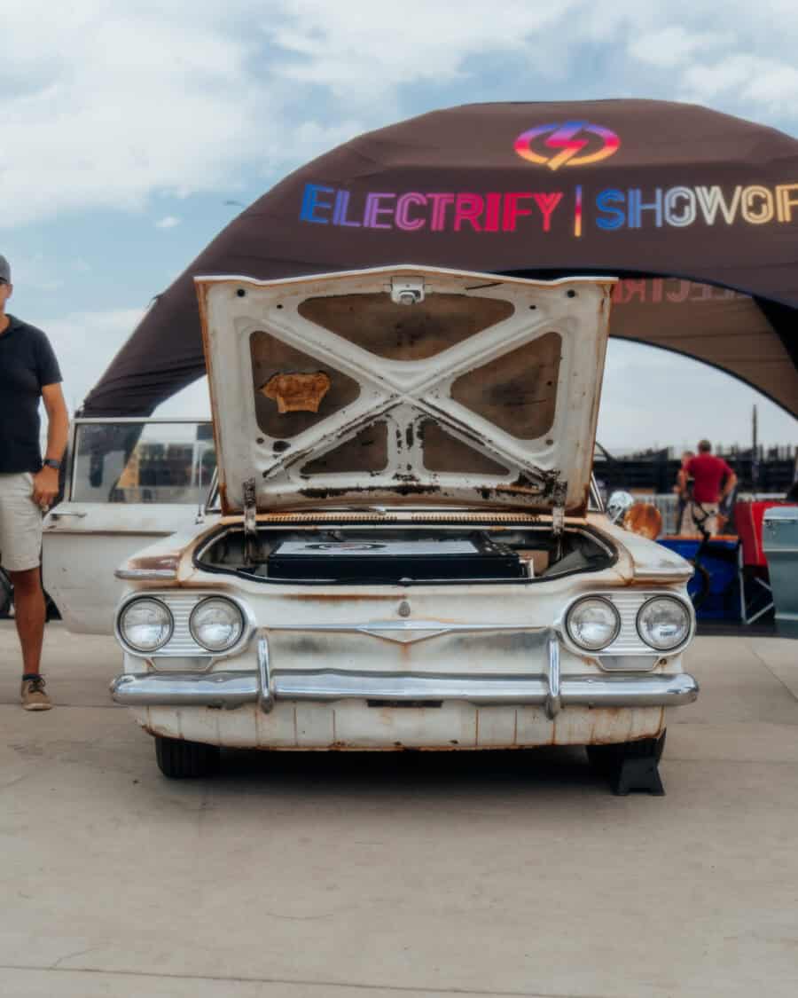 Terry Breheny's 1961 Chevy Corvair Lakewood 700 Wagon at Electrify Showoff Denver