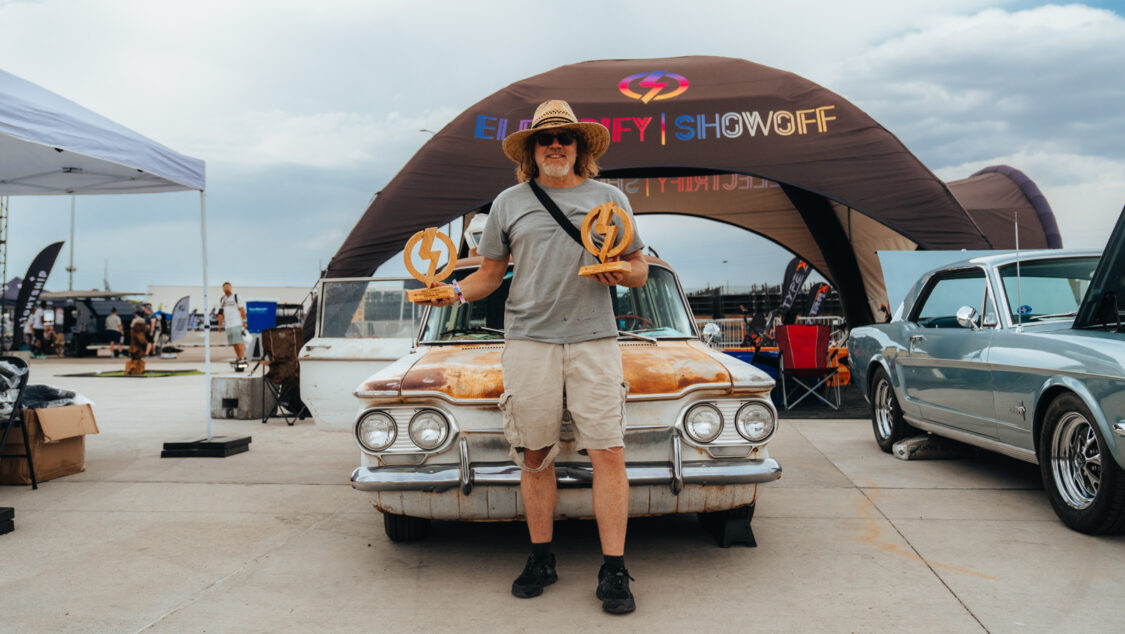 Terry Breheny's 1961 Chevy Corvair Lakewood 700 Wagon at Electrify Showoff Denver awards - Best Stance, Best Crew