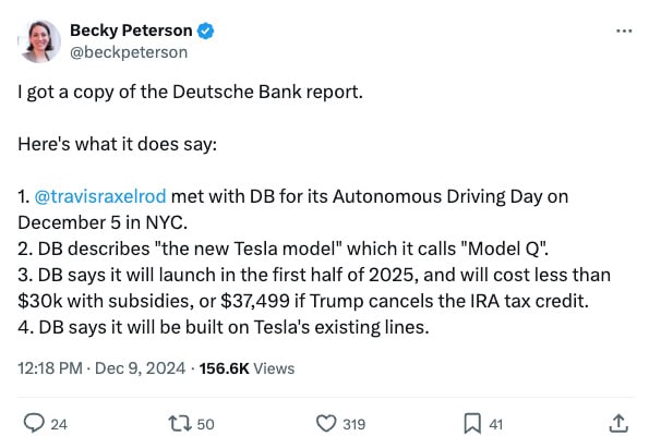 Becky Peterson of The Wall Street Journal discusses Tesla Model Q rumors, referencing Travis Axelrod and Deutsche Bank's insights on a potential $30,000 EV