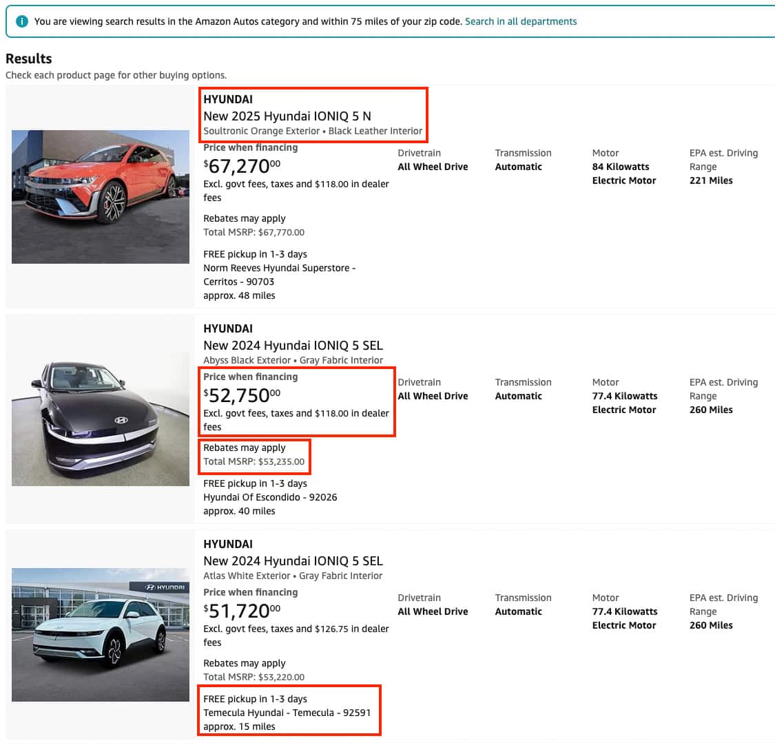 Buy Your Next Hyundai Directly Through Amazon Autos - online search results