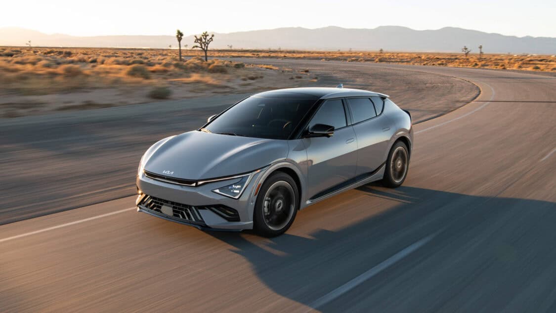 2025 Kia EV6 front driver driving rolling profile